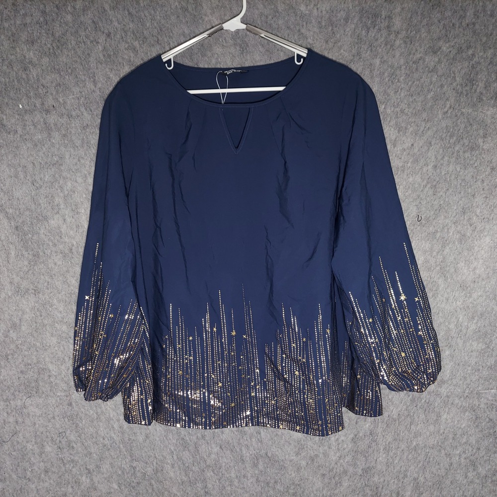 Bloomchic Blouse Plus 22 24 Navy Celestial Gold Foil Star Keyhole Puff Sleeve